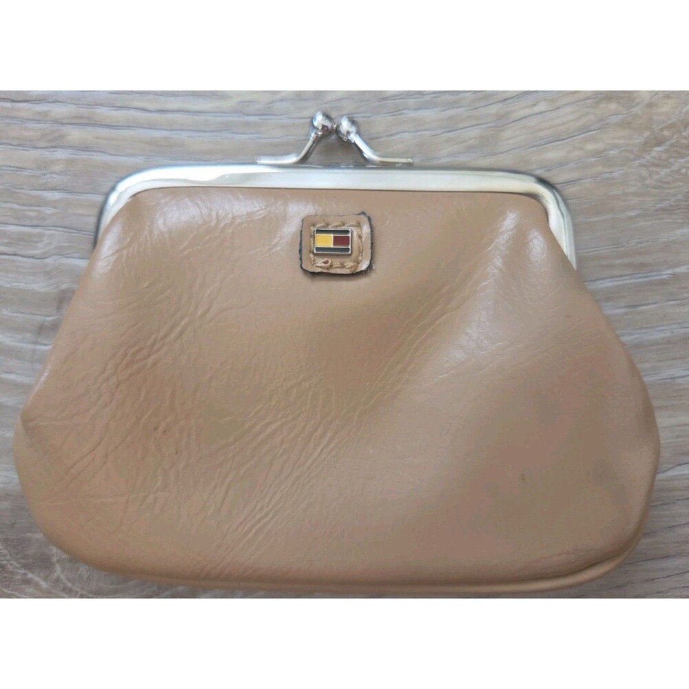 Vintage Tan Leather Tommy Hilfiger Kiss Lock Coin Purse - 3.5" x 5"